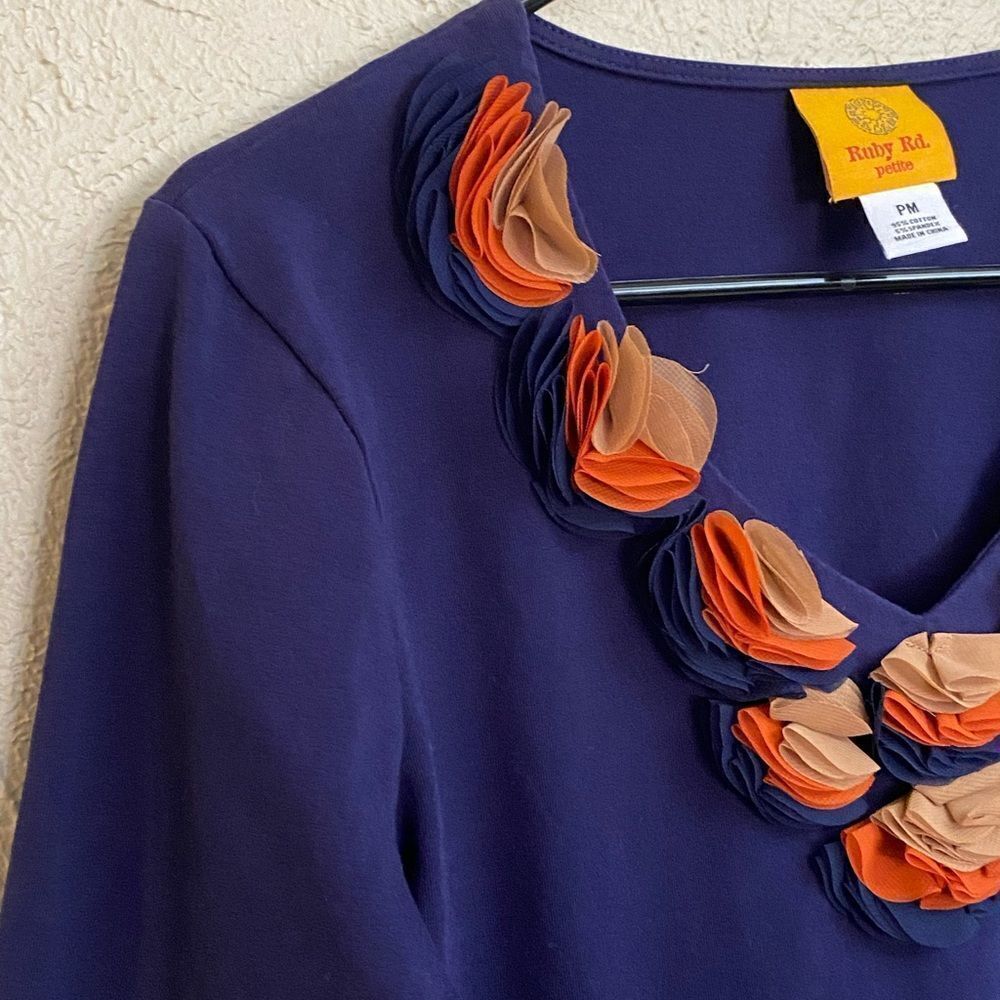 Ruby Rd Navy Embellished Top 3/4 Sleeve Petite Me… - image 3